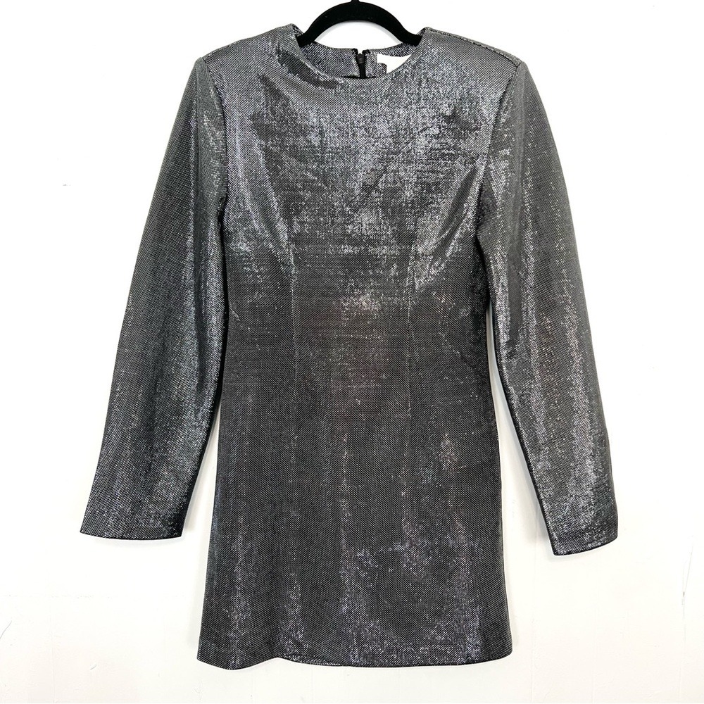 H&M Shiny Silver Metallic Textured Long Sleeve Shoulder Pads Mini Dress XS Party - Picture 3 of 6